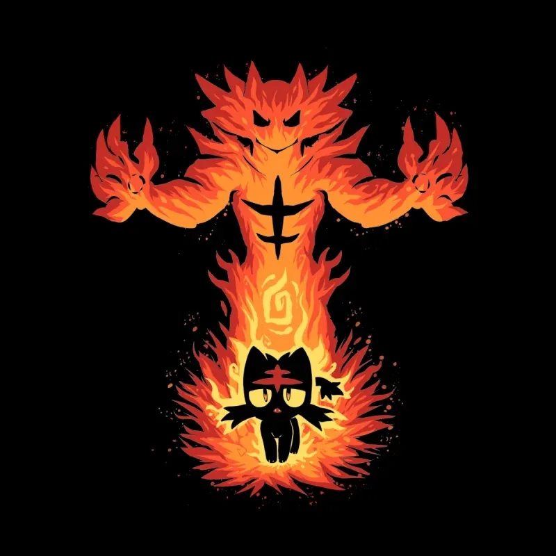 A fiery demon towers above a small black cat, both surrounded by vibrant flames against a black background.