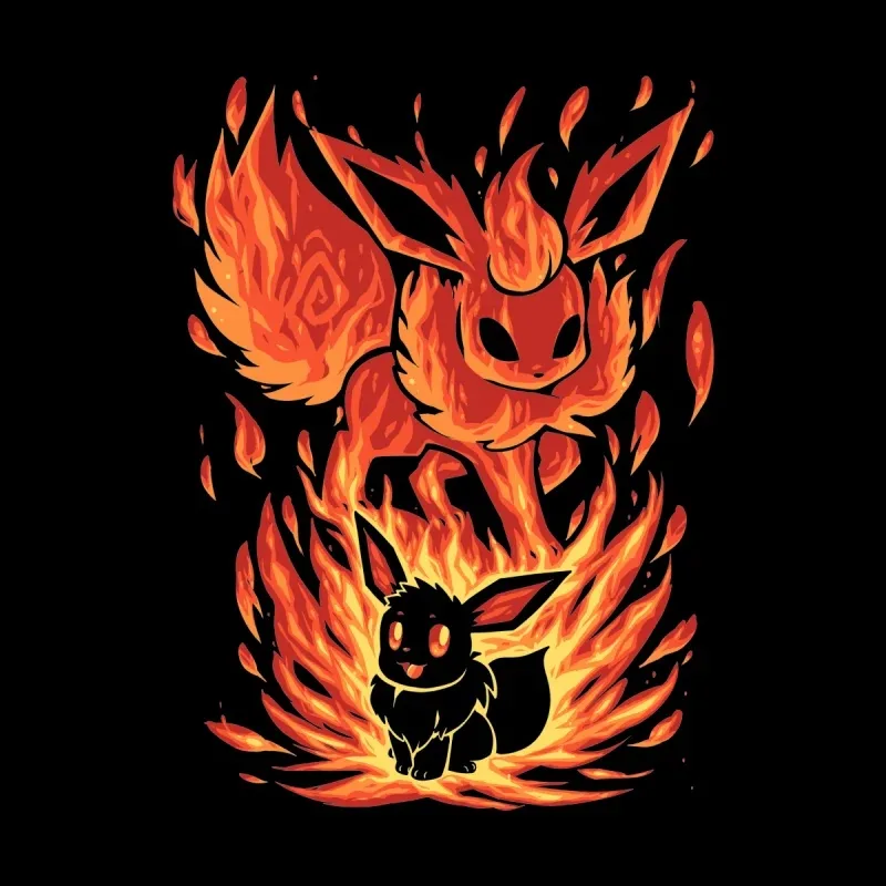 A fiery illustration of a Flareon and an Eevee surrounded by vibrant flames on a black background.