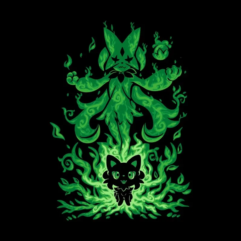 A whimsical green spirit-like creature hovers above a smaller, cute figure, surrounded by swirling, magical energy against a black background.