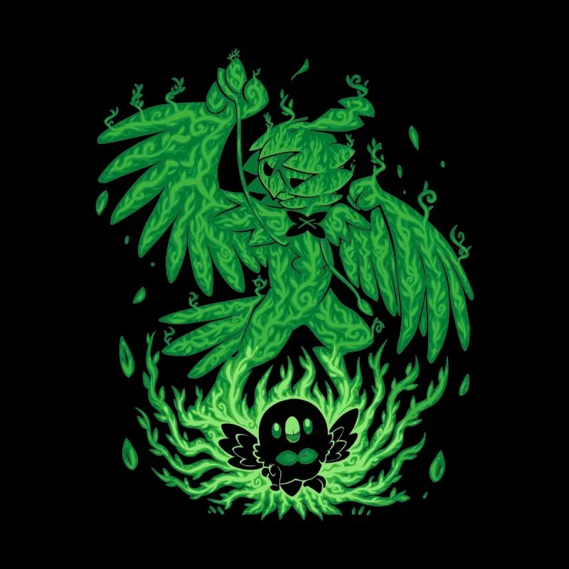 A green, whimsical creature with wings and vines stands menacingly over a smaller black figure surrounded by bright green flames.
