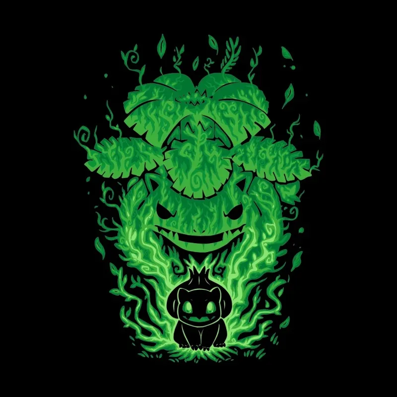 A glowing green illustration featuring Bulbasaur, Ivysaur, and Venusaur surrounded by swirling vines and mystical energy.