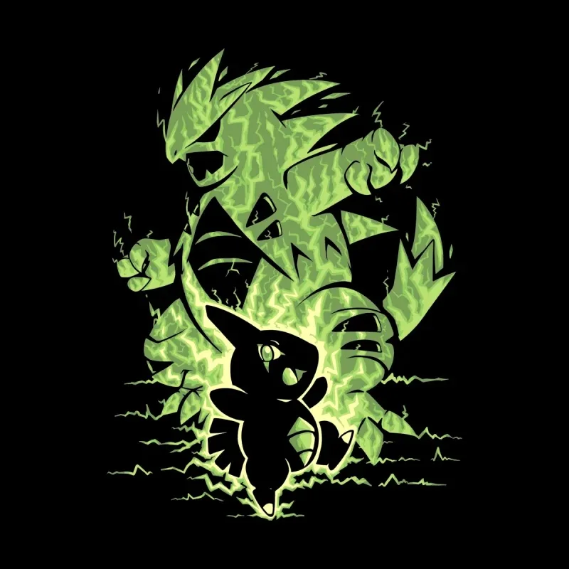 A glowing green Tyranitar looms behind a small, happy Pikachu, surrounded by electric energy and lightning bolts against a black background.