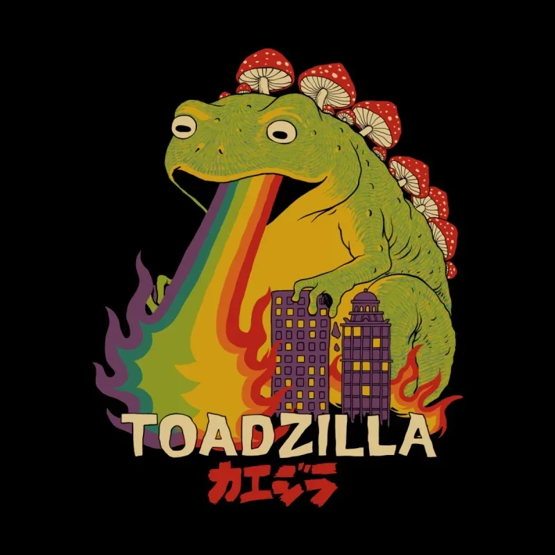 A cartoonish giant toad with mushrooms on its head spews a rainbow over city buildings, labeled "TOADZILLA" in bold letters.