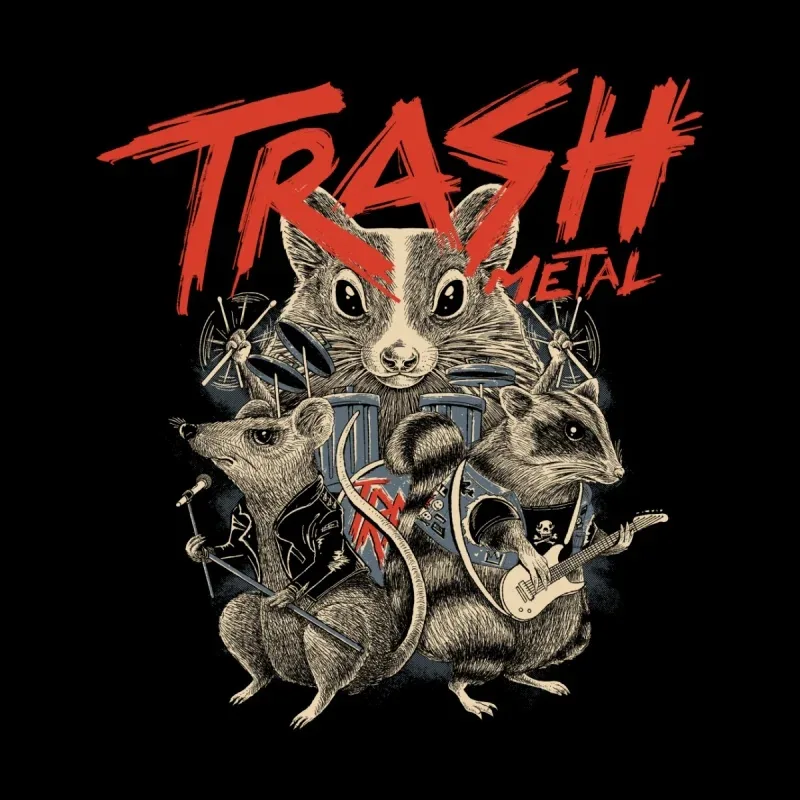Illustration of three rock band mice with instruments, beneath bold red text reading "TRASH METAL," set against a black background.