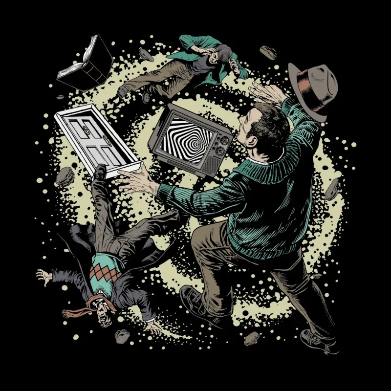 A chaotic scene featuring a man in a hat surrounded by floating objects like a TV, door, and book, conveying surreal disarray.