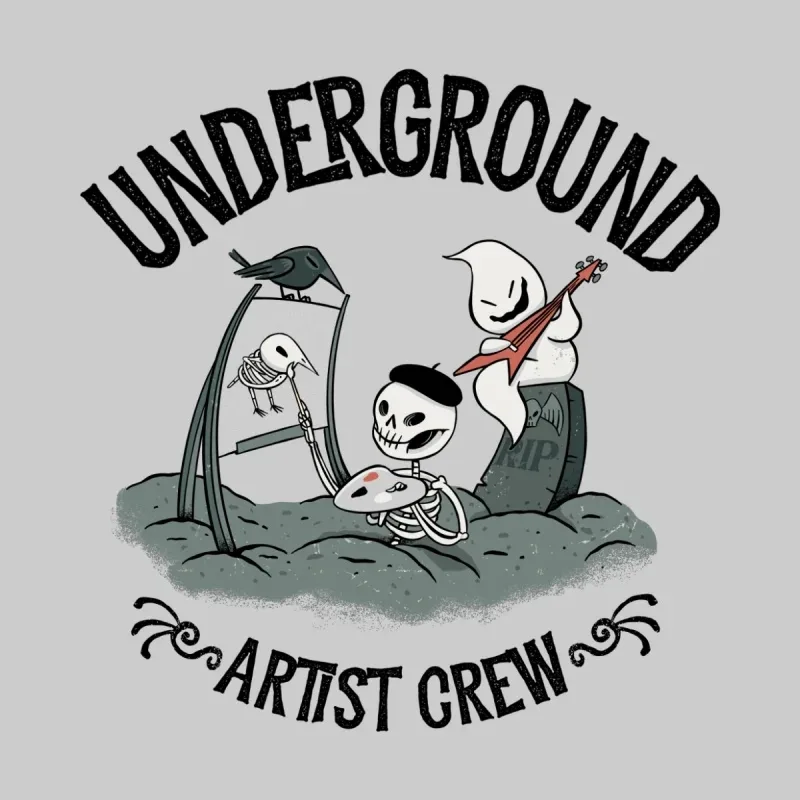 Cartoon skeleton band playing music in a graveyard, with a raven and ghost, surrounded by text "Underground Artist Crew."