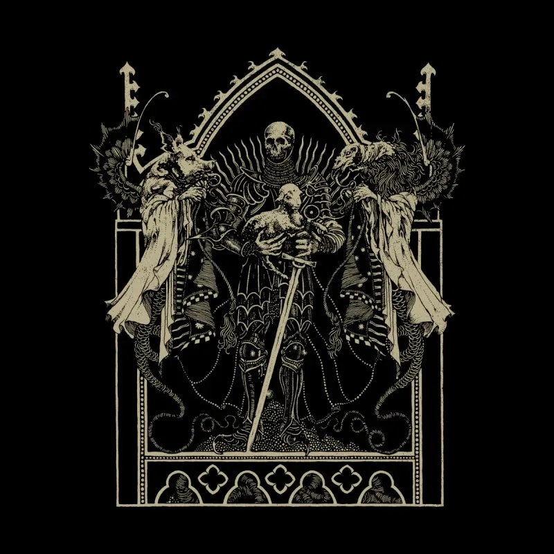A skeletal figure draped in black armor holds a child, flanked by two cloaked, animal-headed beings in a gothic arch setting.