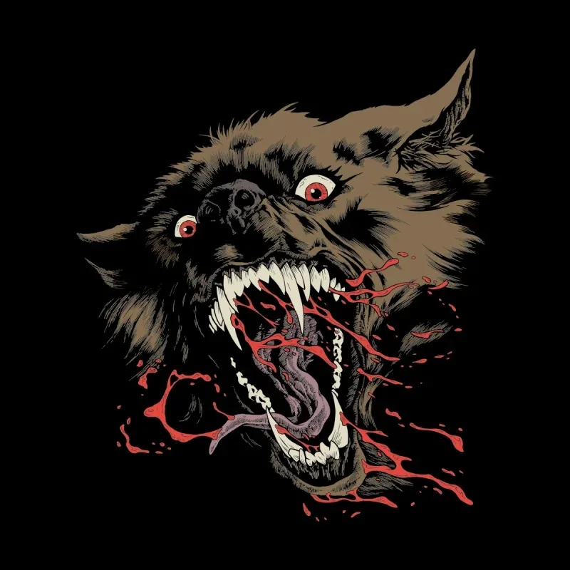 A fierce wolf's head howls with a gaping mouth, blood splattering as its red eyes pierce through the darkness of the background.