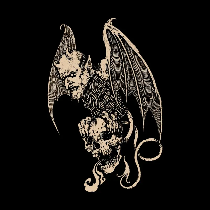 A chilling illustration of a horned demon with wings, perched atop two skulls, set against a black background.