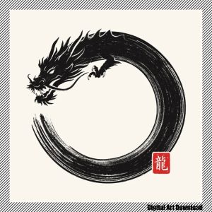 A striking black ink illustration depicts a dragon coiled into a perfect circle, its body flowing with dynamic energy in the style of Japanese brushwork. The dragon's head is intricately detailed with sharp, fierce features that convey powerful movement. A traditional red seal featuring Japanese calligraphy is placed in the bottom right corner, adding cultural authenticity to the composition. The fluid circular form embodies both harmony and motion, capturing the essence of traditional Asian artistic expression.